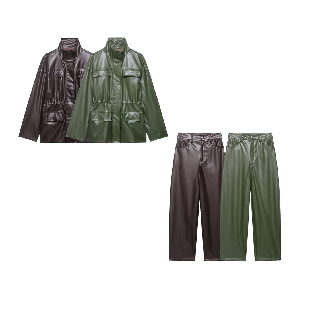 Damen Zweiteiliges PU-Leder-Ensemble mit Fieldjacke, Kordelzugtaillierung und High‑Waist Wide‑Leg Hose Echo Archiv