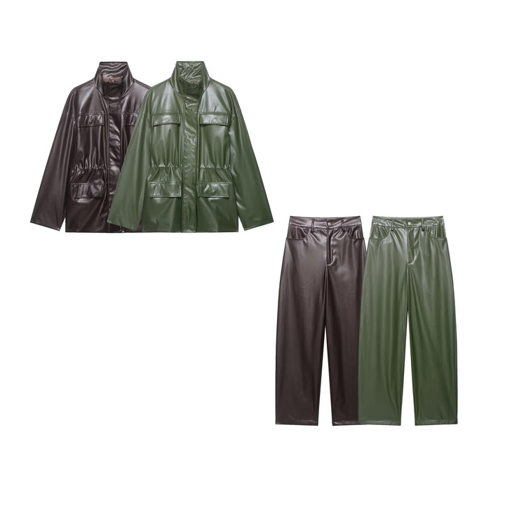 Damen Zweiteiliges PU-Leder-Ensemble mit Fieldjacke, Kordelzugtaillierung und High‑Waist Wide‑Leg Hose Echo Archiv