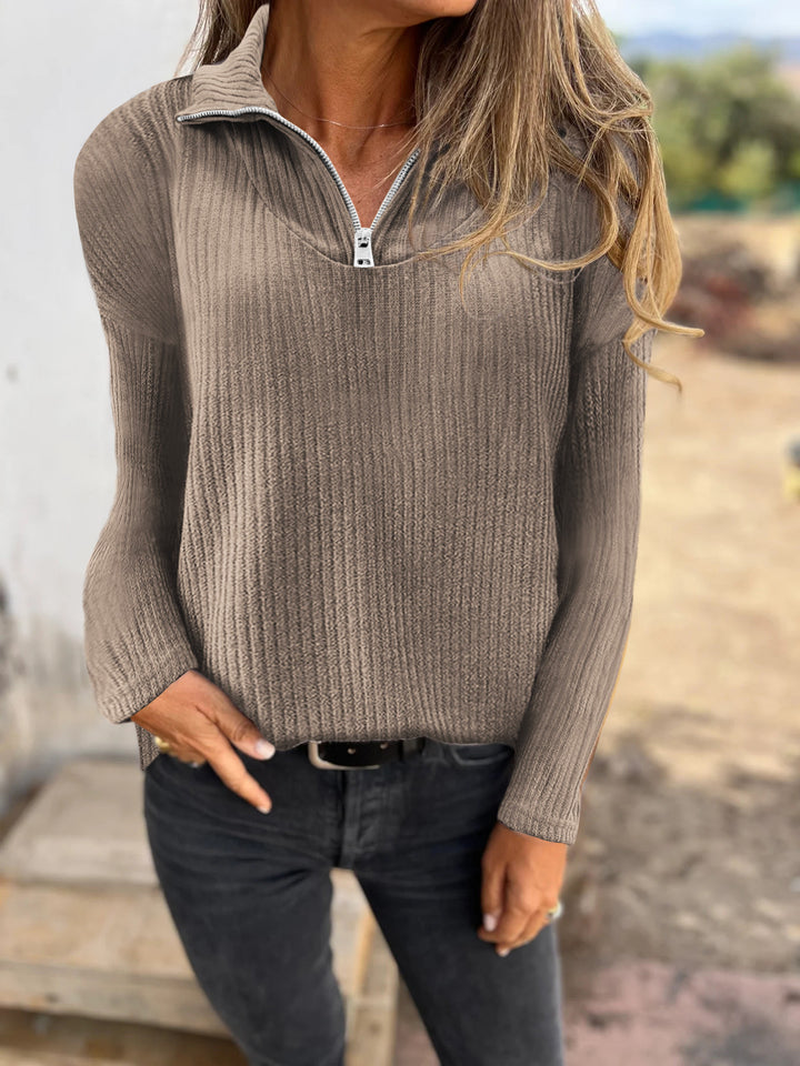 Damen Rippstrickpullover mit halbem Reißverschluss und Stehkragen Echoarchiv