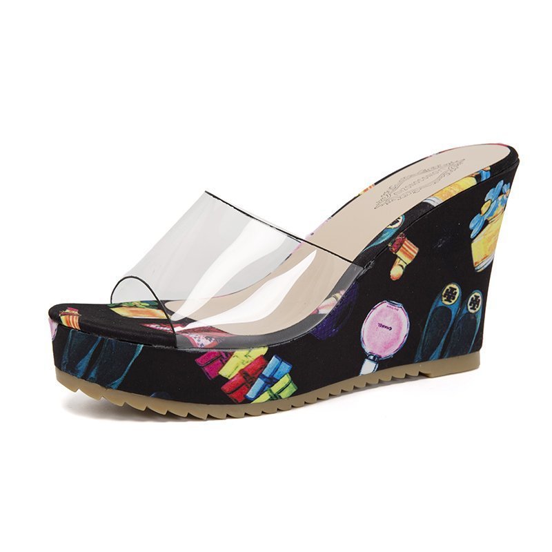 Damen nan PVC-Riemen Keilpantoletten mit floral bedruckter Keilsohle und ergonomischem Komfortfußbett Echo Archiv