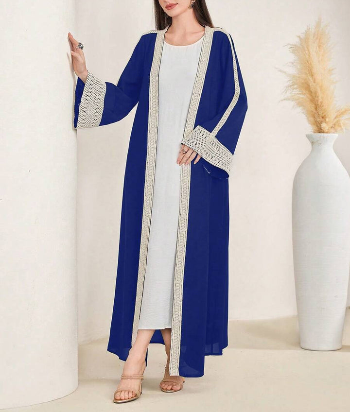 Damen Langes Open‑Front Kaftan‑Mantel mit Häkelspitzenbesatz Echoarchiv
