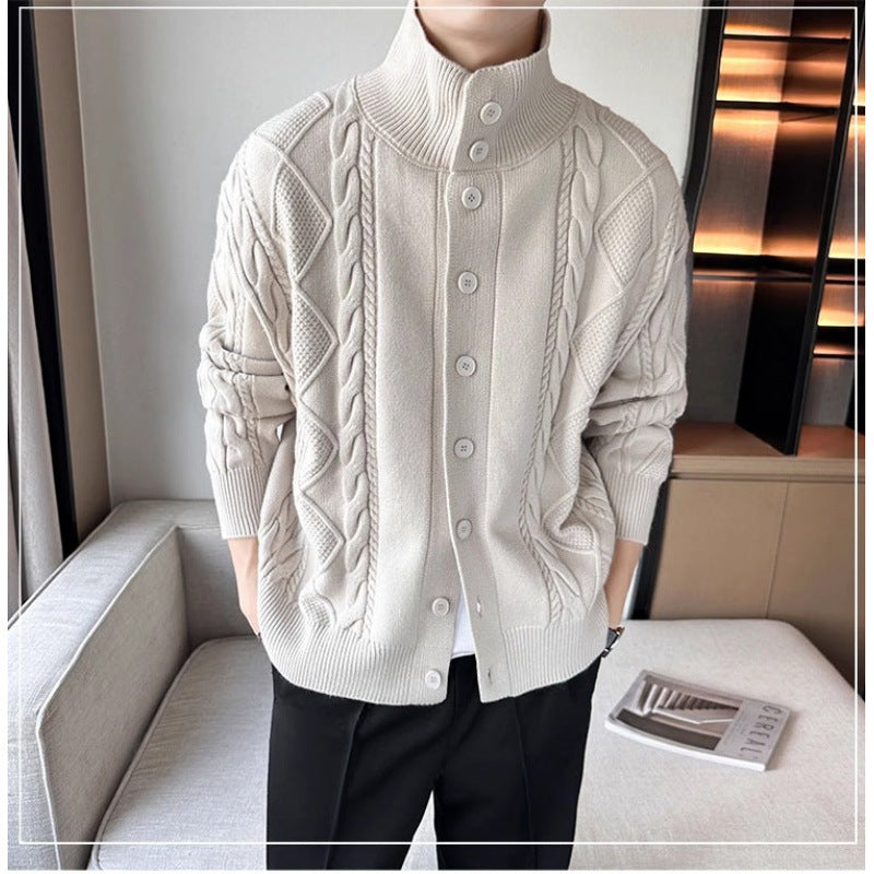 Herren Lockere Strick-Cardigan mit hohem Stehkragen und Zopfmuster Echoarchiv