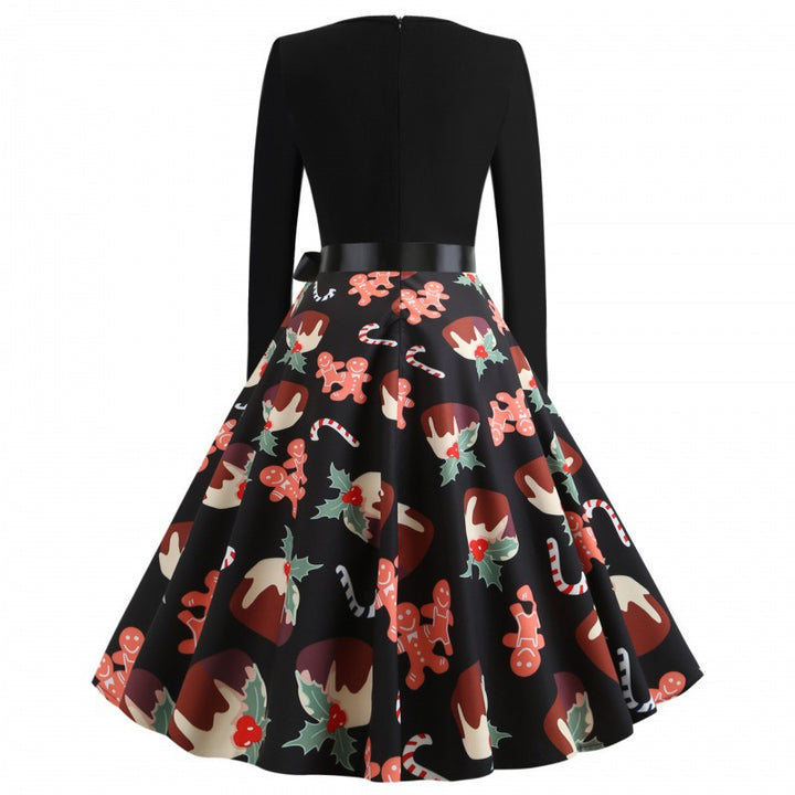 Damen Festliches Tellerkleid im Retro Stil mit langen Ärmeln tailliertem Oberteil und Satin‑Taillenschleife – Élara