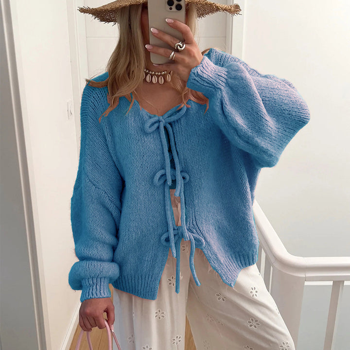 Damen Grobgestrickter Offener Cardigan mit Bindebändern, Oversize‑Silhouette und Raglanärmeln – Veloura