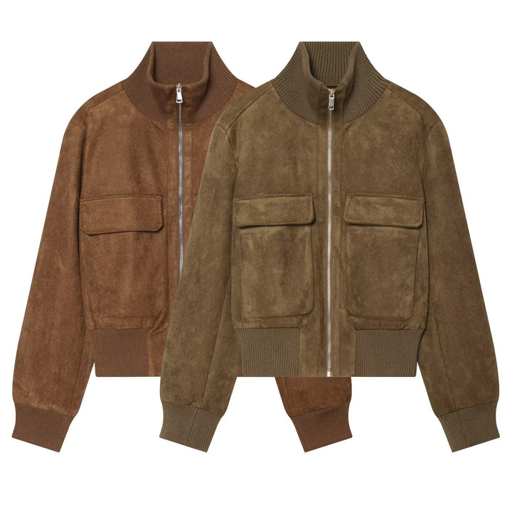 Damen Kurzblouson aus Veloursleder mit hohem Rippkragen und aufgesetzten Pattentaschen Echo Archiv