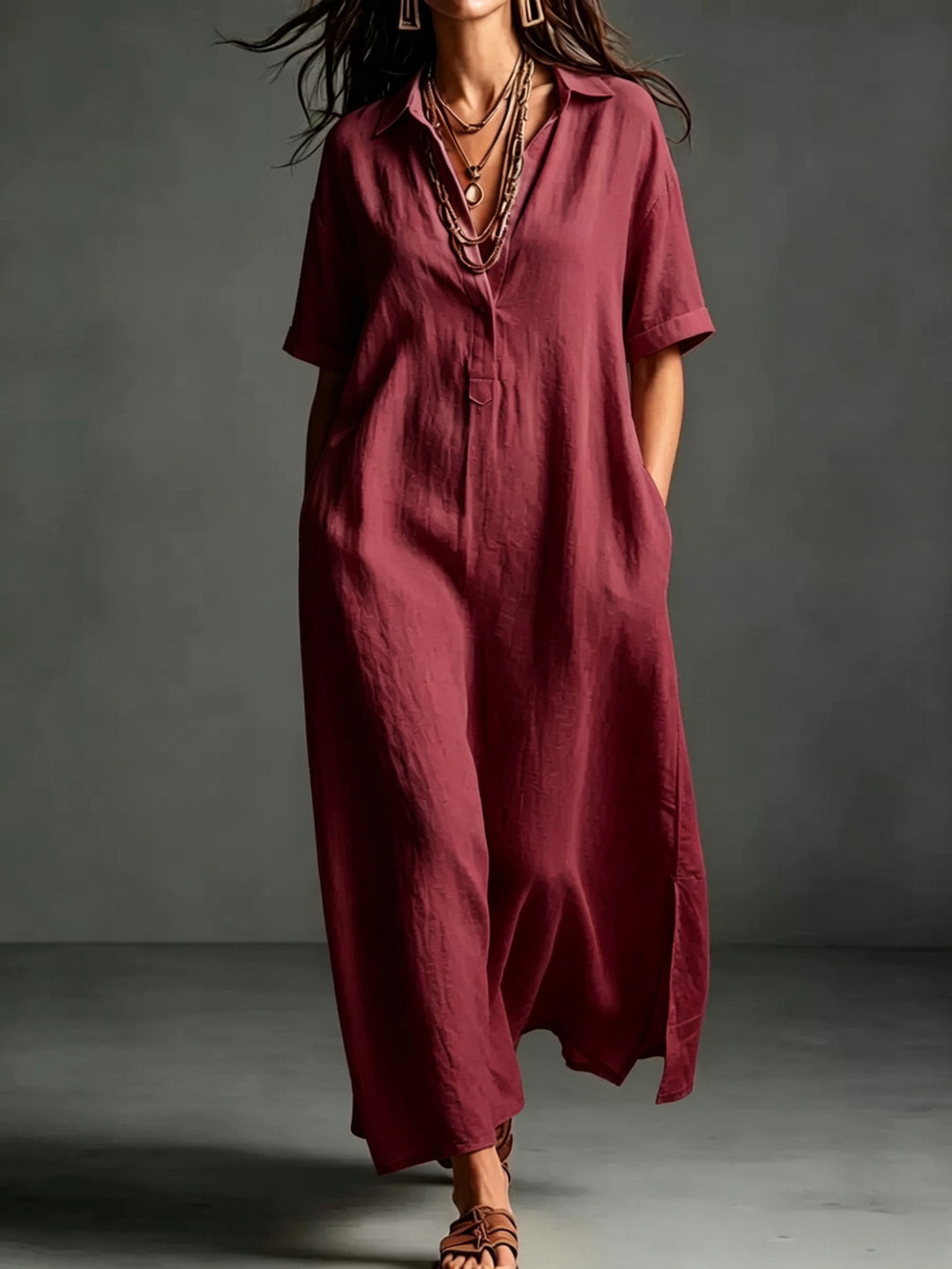 Damen Leinen Maxikleid mit V-Ausschnitt und praktischen Taschen Echo Archiv