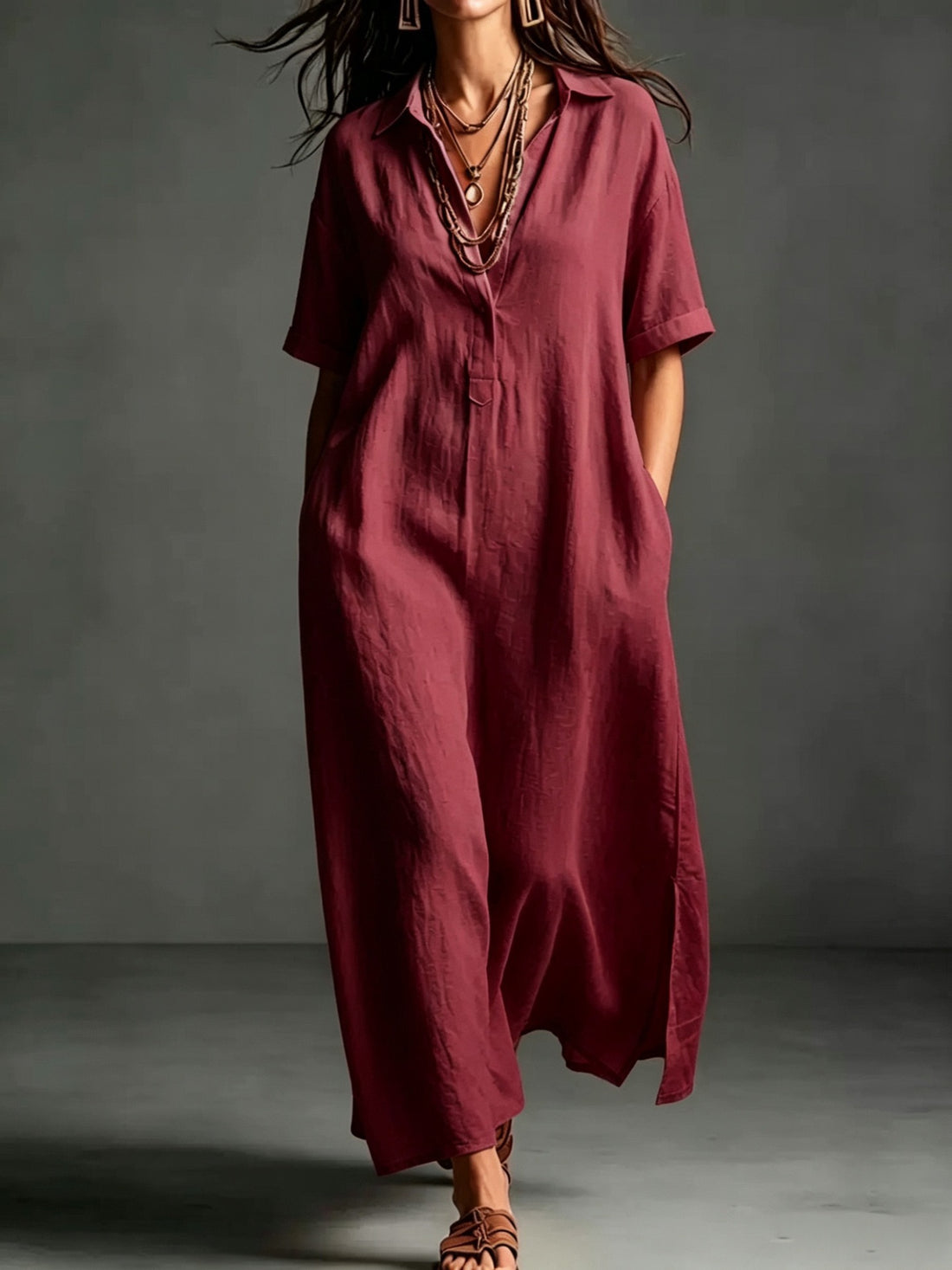 Damen Leinen Maxikleid mit V-Ausschnitt und praktischen Taschen – Valéora