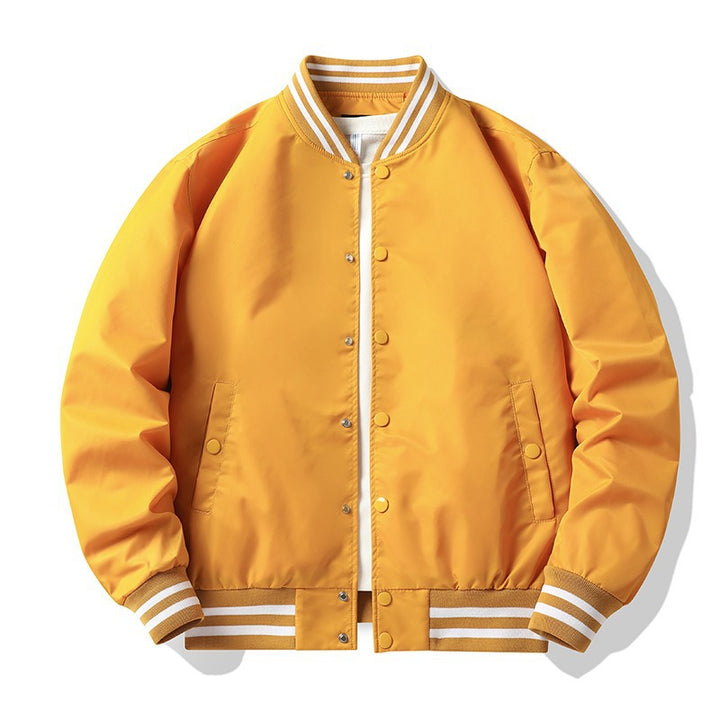 Men's retro-striped collar varsity snap-front satin-effect bomber jacket – Brevano
