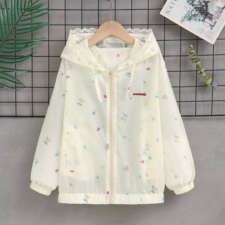 Damen nan leichte Kapuzen-Sommerjacke mit Spitzenbesatz, zartem Allover-Print und Reißverschluss Echo Archiv