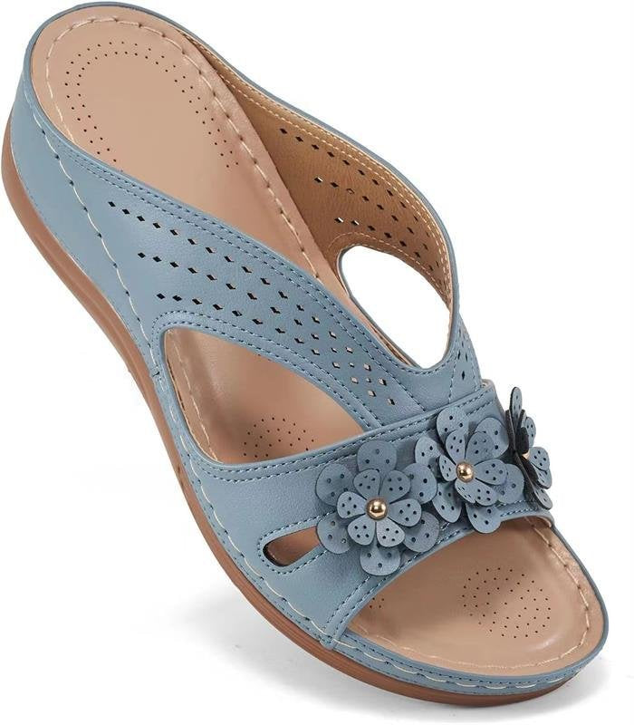Damen Bequeme Pantoletten mit Blumenapplikation und orthopädischer Dämpfung – Sorelia