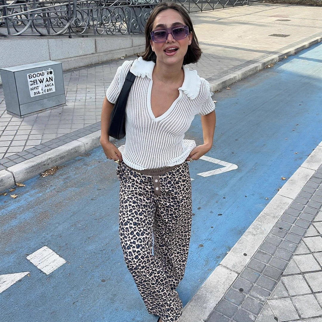 Damen lässige Palazzo-Hose mit Leopardenmuster und elastischem Bund Echo Archiv