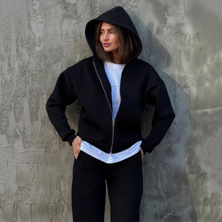 Damen Statement-Sweatset aus schwerem French-Terry mit oversized Zip-Hoodie, vorgeformten Kniepartien und elastischer High-Waist-Jogginghose – Avérine