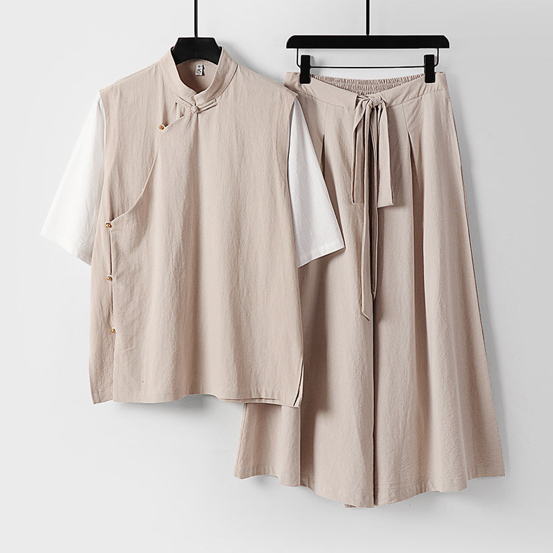 Damen Zweiteiliges Kimono-Loungewear-Set aus Leinenmischung mit Stehkragen asymmetrischer Knopfleiste und weitem Palazzo-Hosenrock Echoarchiv