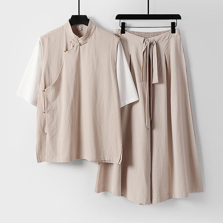 Damen Zweiteiliges Kimono-Loungewear-Set aus Leinenmischung mit Stehkragen asymmetrischer Knopfleiste und weitem Palazzo-Hosenrock Echoarchiv