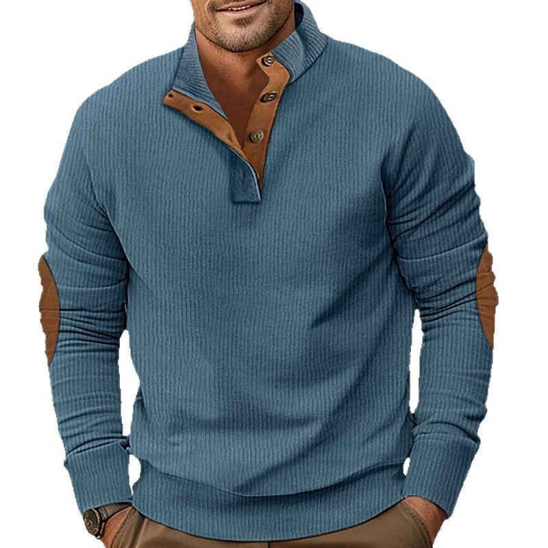 Herren nan geripptes Henley-Langarmshirt mit Stehkragen und Leder-Ellbogenpatches Echo Archiv