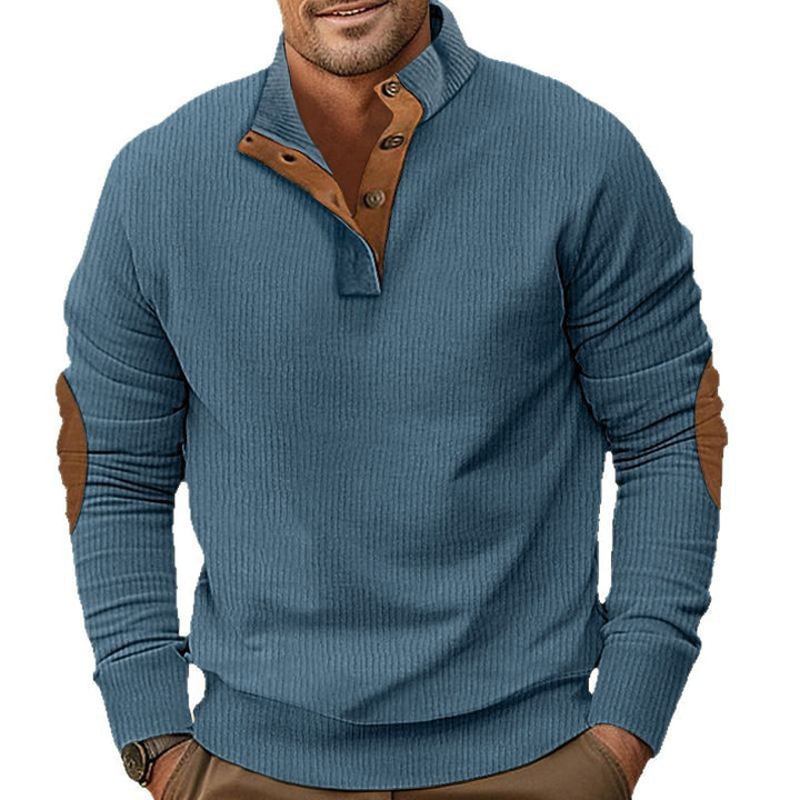 Herren nan geripptes Henley-Langarmshirt mit Stehkragen und Leder-Ellbogenpatches Echo Archiv