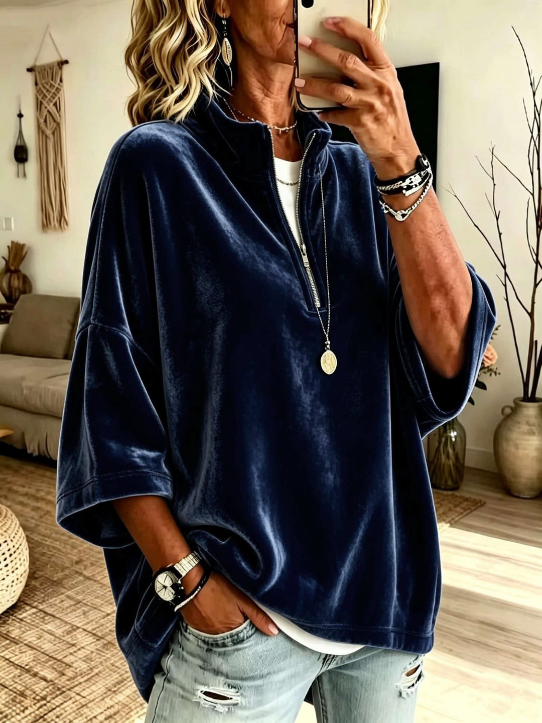 Damen Oversize Samt-Pullover mit kurzem Reißverschluss und Stehkragen Echoarchiv