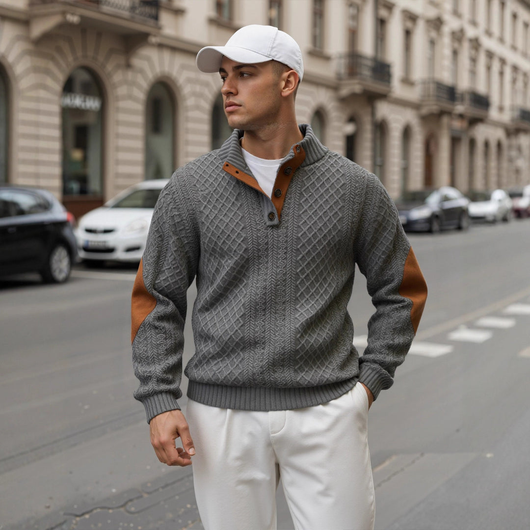 Herren Troyer-Pullover mit Stehkragen, strukturierter Strickoptik und Kontrast-Ellbogenpatches Echoarchiv