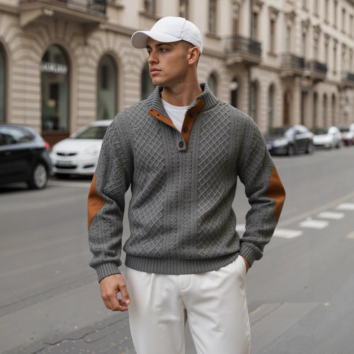 Herren Troyer-Pullover mit Stehkragen, strukturierter Strickoptik und Kontrast-Ellbogenpatches Echoarchiv
