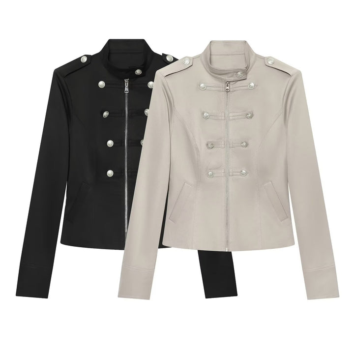 Damen Militärisch inspirierte Kurzjacke mit Reißverschluss und Zierknöpfen Echo Archiv
