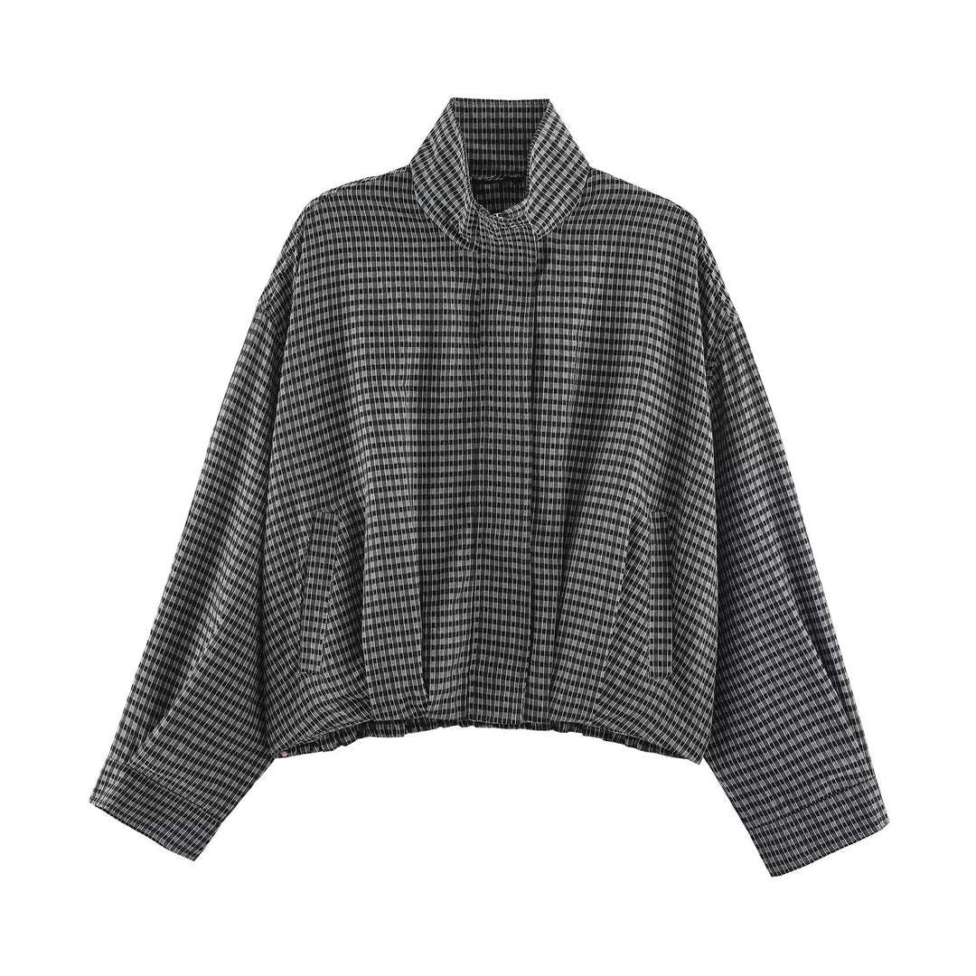 Damen Karo-Übergangsjacke im Oversize-Cropped-Schnitt mit hohem Stehkragen Echo Archiv