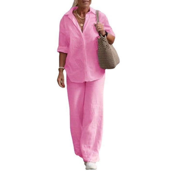 Damen Leichtes Leinen-Loungewear-Set mit offenem Hemdkragen und weiter Palazzohose Echoarchiv