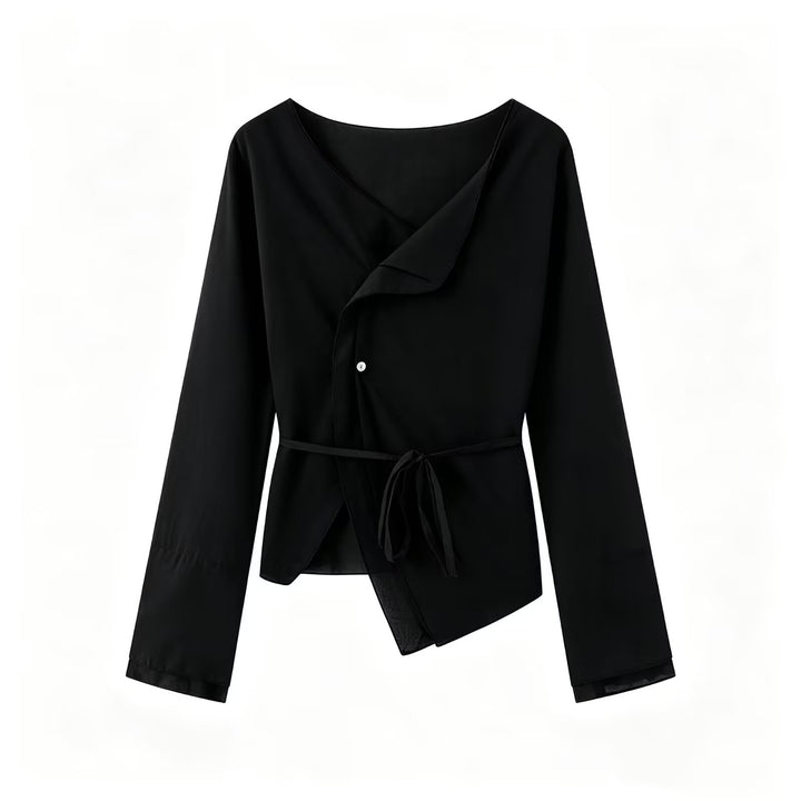Damen Wickelbluse mit asymmetrischer Vorderseite, V‑Ausschnitt und Bindegürtel Echo Archiv