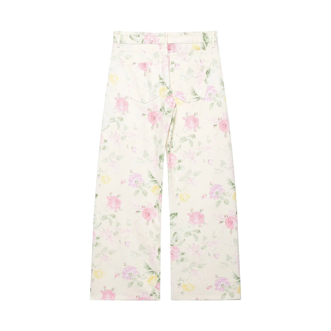 Damen Hochtaillierte weite Jeanshose mit zartem Blumenmuster und Fünftaschen-Schnitt Echo Archiv