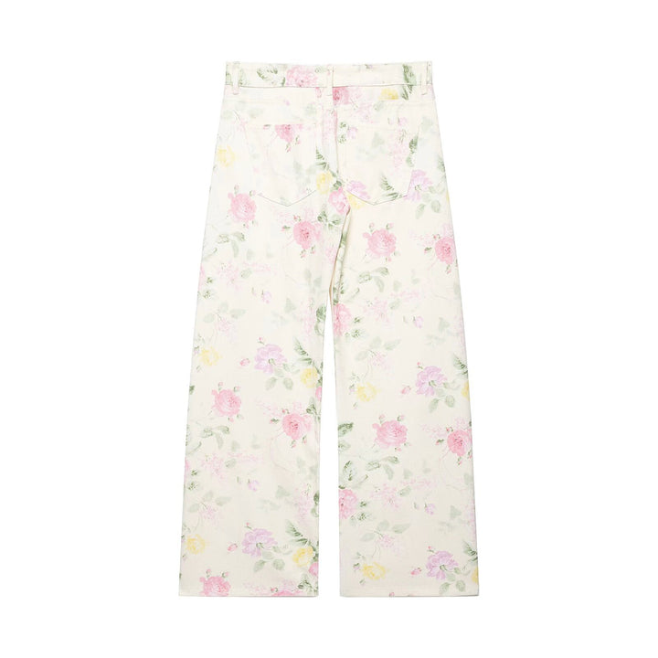Damen Hochtaillierte weite Jeanshose mit zartem Blumenmuster und Fünftaschen-Schnitt Echo Archiv
