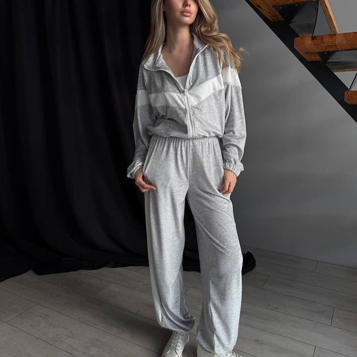 Damen Plüschiges Velours-Loungewear-Set mit Reißverschlussjacke und elastischem Taillenbund – Auréline