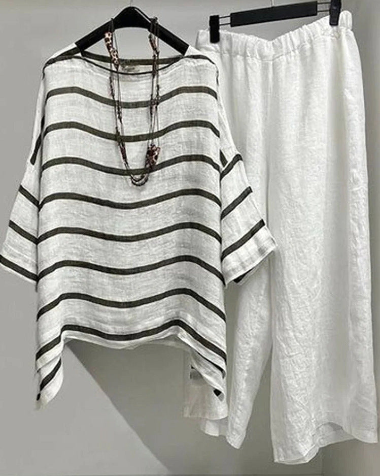 Damen nan lässiges Leinen-Set mit asymmetrischer Streifenbluse und weiter Elastikbund-Hose Echo Archiv