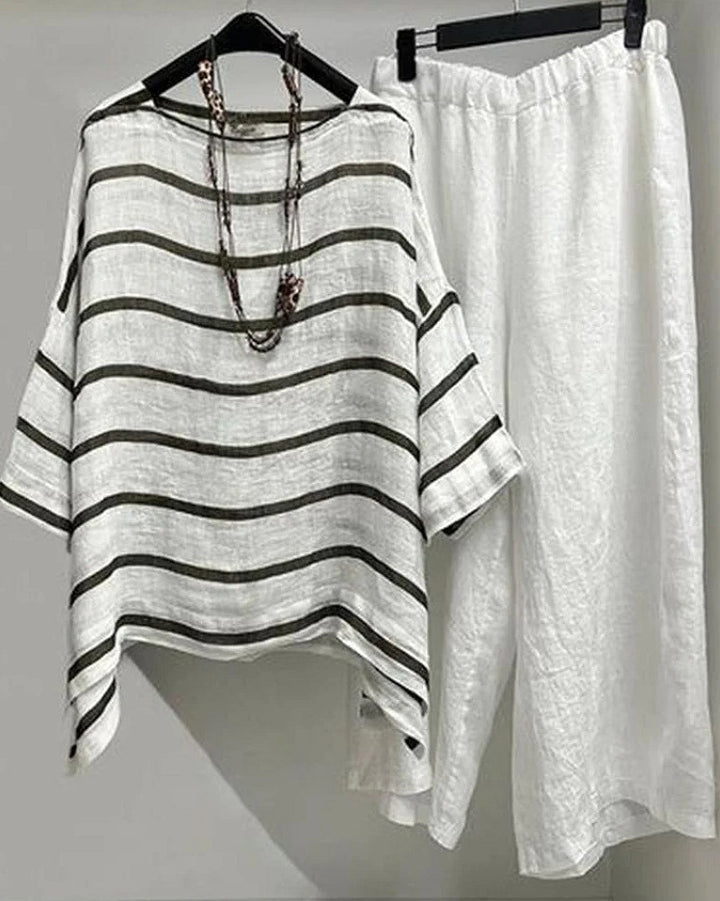 Damen nan lässiges Leinen-Set mit asymmetrischer Streifenbluse und weiter Elastikbund-Hose Echo Archiv