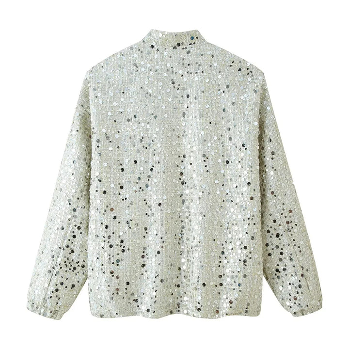 Damen schimmernde Pailletten-Boxy-Jacke mit Stehkragen, verdecktem Reißverschluss und elastischen Bündchen – Célinea