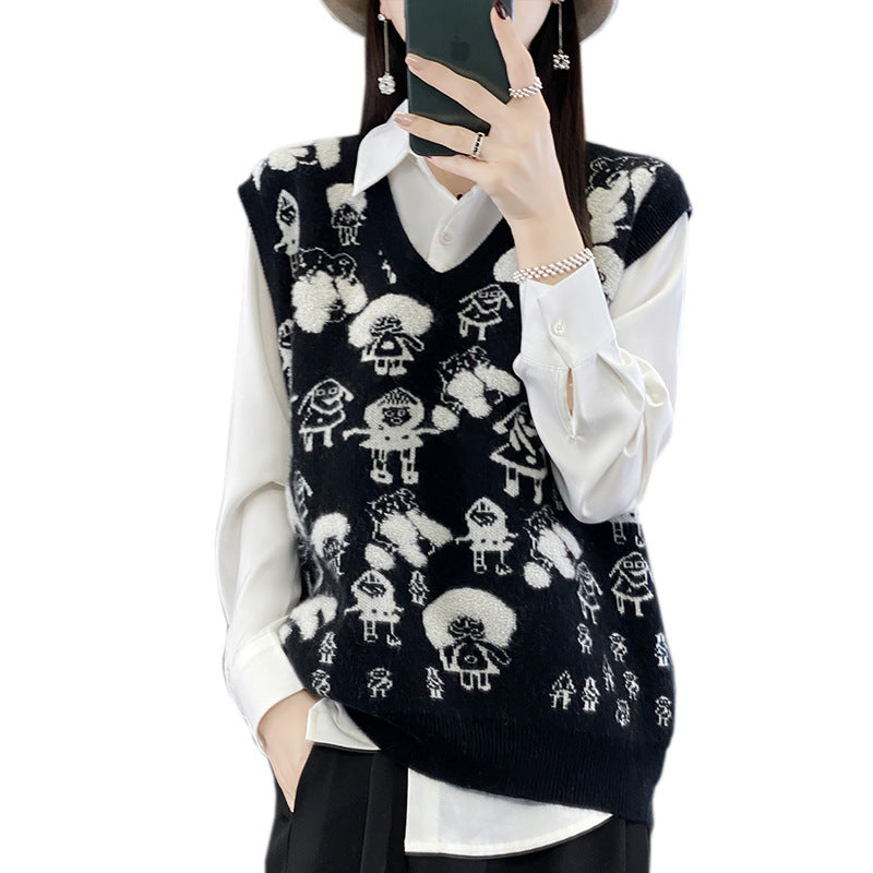 Damen Oversize-Strickweste mit V‑Ausschnitt und verspieltem Jacquard‑Motiv Echoarchiv