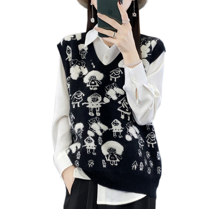 Damen Oversize-Strickweste mit V‑Ausschnitt und verspieltem Jacquard‑Motiv Echoarchiv