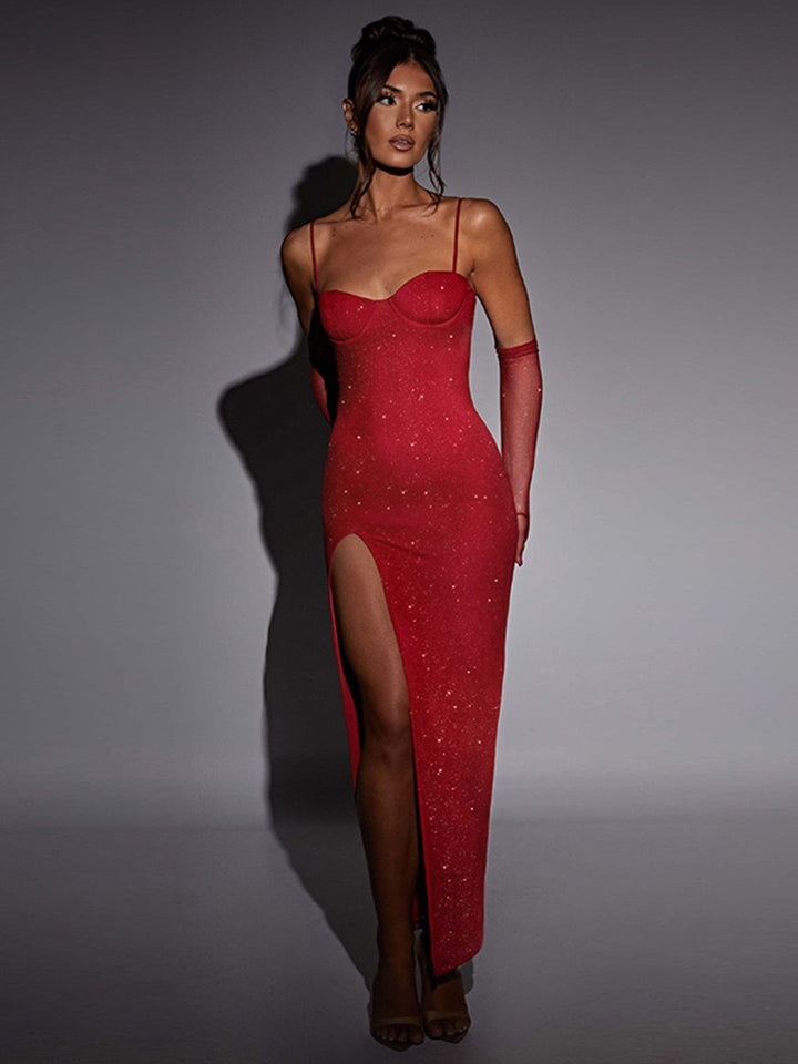 Damen Glitzerndes Maxikleid mit tiefem Schlitz und elegantem Bustier-Oberteil Echo Archiv