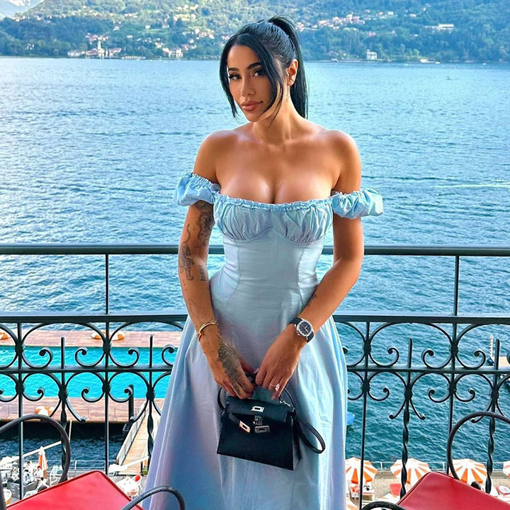 Damen Maxi-Kleid mit voluminösen Puffärmeln und elastischem Ausschnitt Echo Archiv