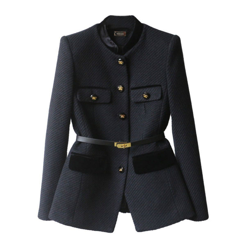 Damen Elegante Bouclé-Blazerjacke mit Samtbesatz und Taillengürtel – Valéne