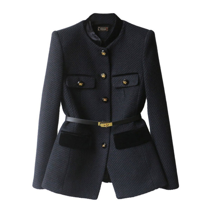 Damen Elegante Bouclé-Blazerjacke mit Samtbesatz und Taillengürtel – Valéne