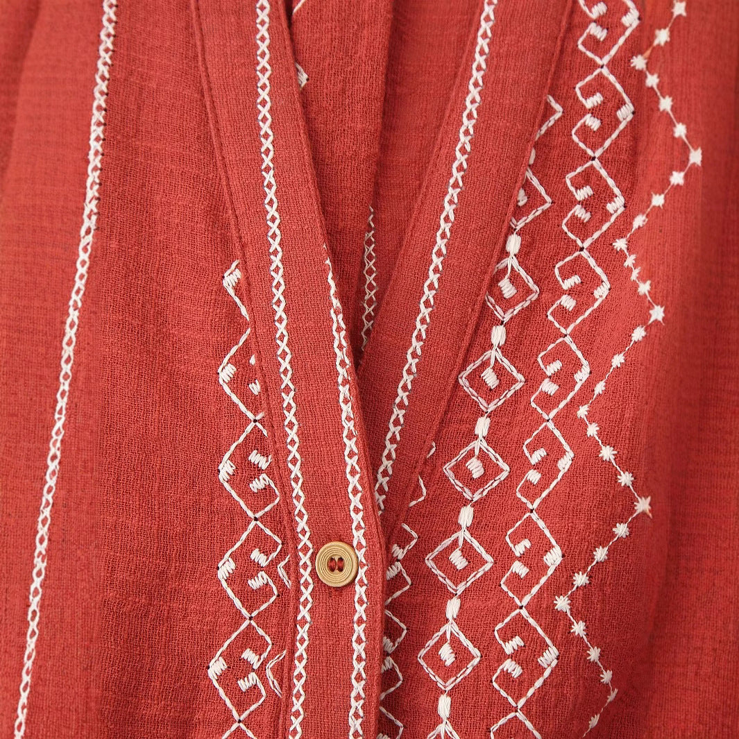 Damen bestickte Blusenjacke mit V-Ausschnitt und lockerer A-Linien-Silhouette Echoarchiv