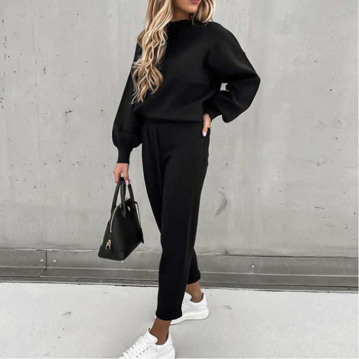 Damen Strick-Loungewear-Set mit Ballonärmeln und taillierter Jogginghose – Mavelle
