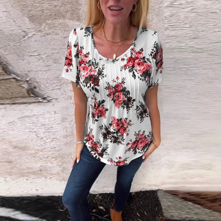 Damen nan locker geschnittenes Kurzarm-Blusenshirt mit Kellerfalten und floralem Druck Echo Archiv