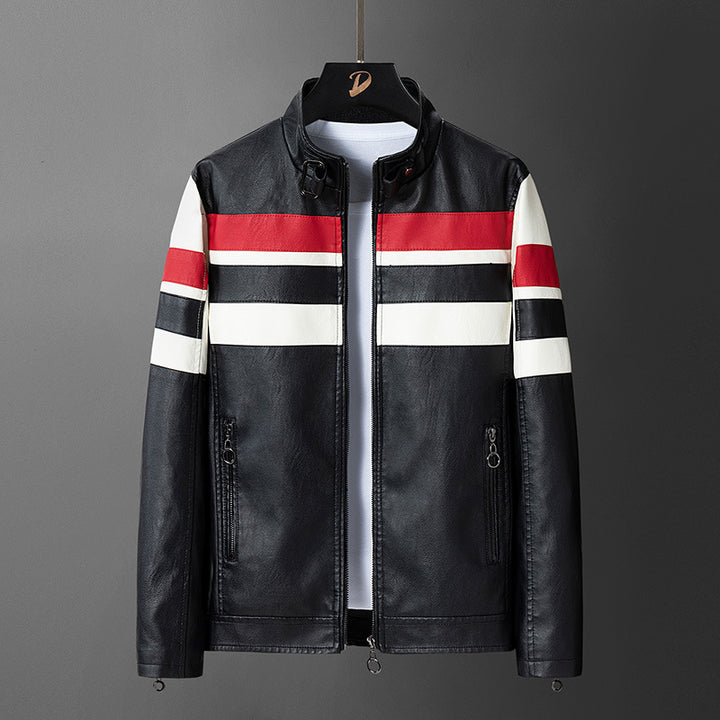 Herren Kunstlederjacke mit sportlichem Design und kontrastierenden Streifen Echoarchiv