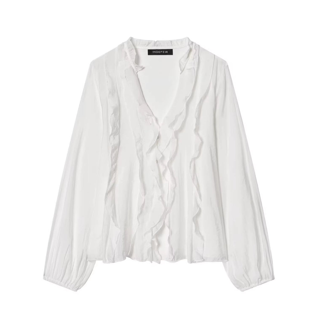 Damen Transparente Crinkle-Bluse mit Volantkragen, Rüschenfront und Ballonärmeln Echo Archiv