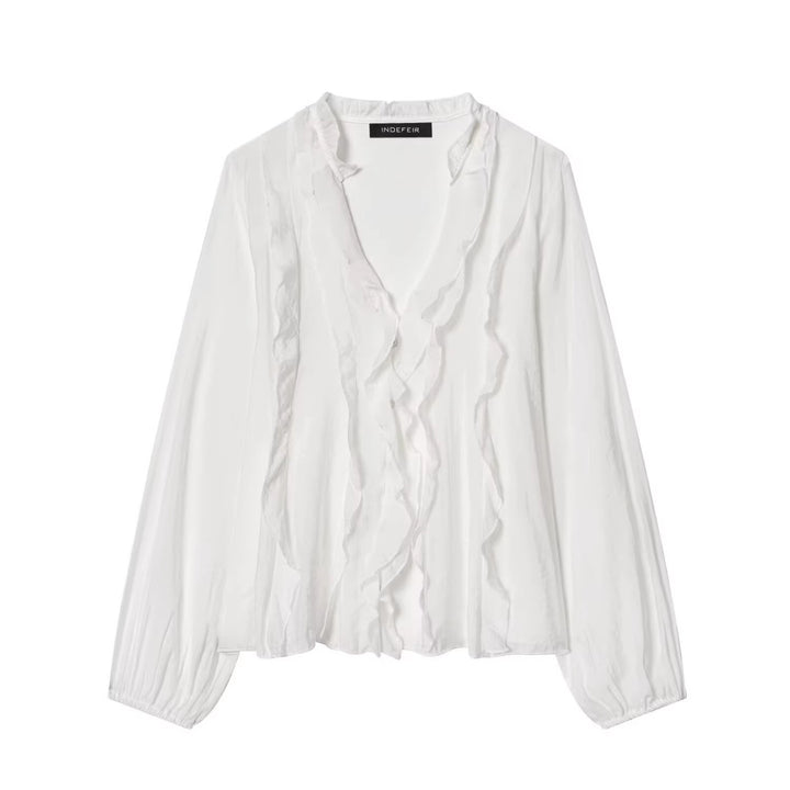 Damen Transparente Crinkle-Bluse mit Volantkragen, Rüschenfront und Ballonärmeln Echo Archiv