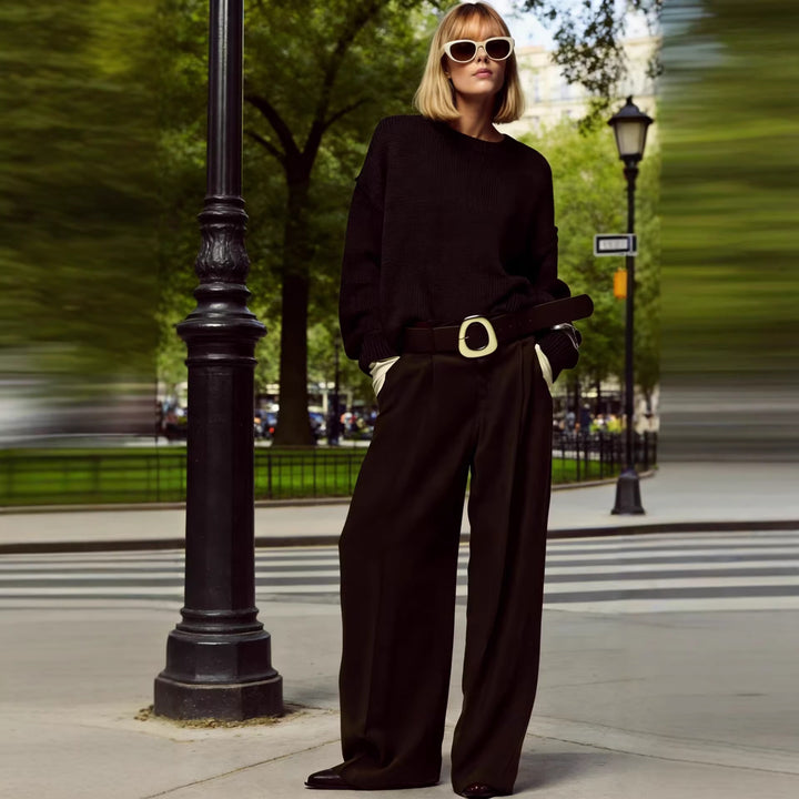 Damen hochtaillierte Culotte-Hose mit weitem Bein, Bundfalten und Statement-Gürtel Echo Archiv