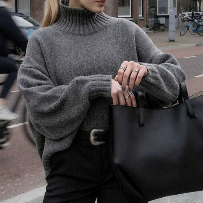 Damen Boxy-Rollkragenpullover aus feinem Wollmix mit Ballonärmeln und überschnittener Schulter – Mavelle