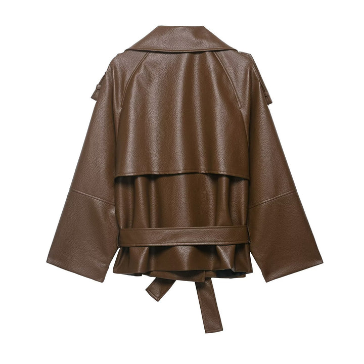 Damen Kurzer Trenchcoat in Lederoptik mit doppelreihiger Knopfleiste, Schulterklappen und Taillengürtel Echo Archiv