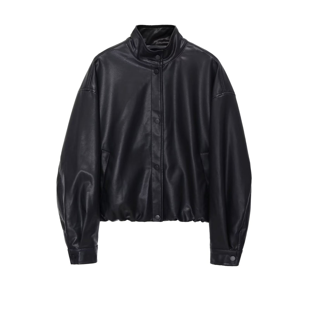 Damen kurze PU-Leder Bomberjacke mit Stehkragen, Druckknopfleiste und elastischem Saum – Avenza
