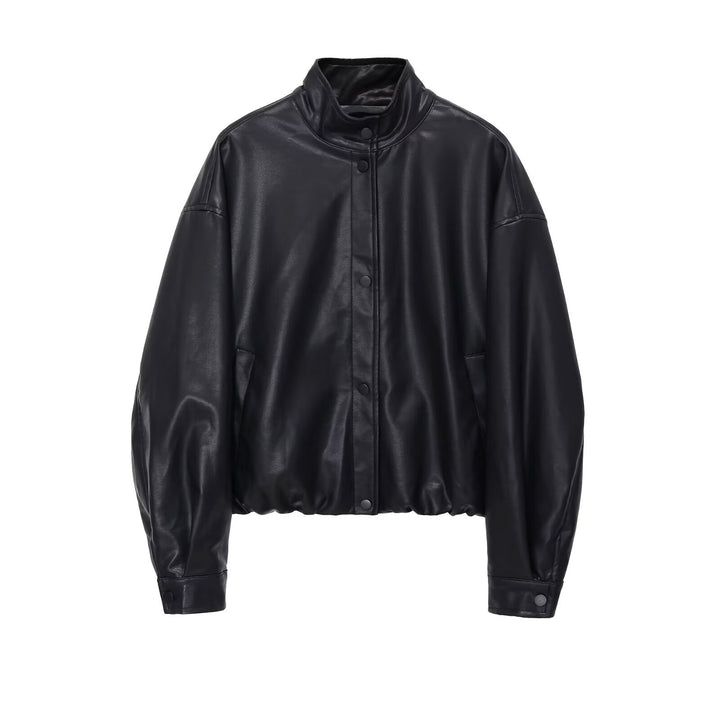 Damen kurze PU-Leder Bomberjacke mit Stehkragen, Druckknopfleiste und elastischem Saum – Avenza